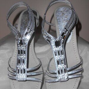 New York Transit Silver Jeweled Sandals Open Toe W/Wedge 2.75"Heels Size-9.5M